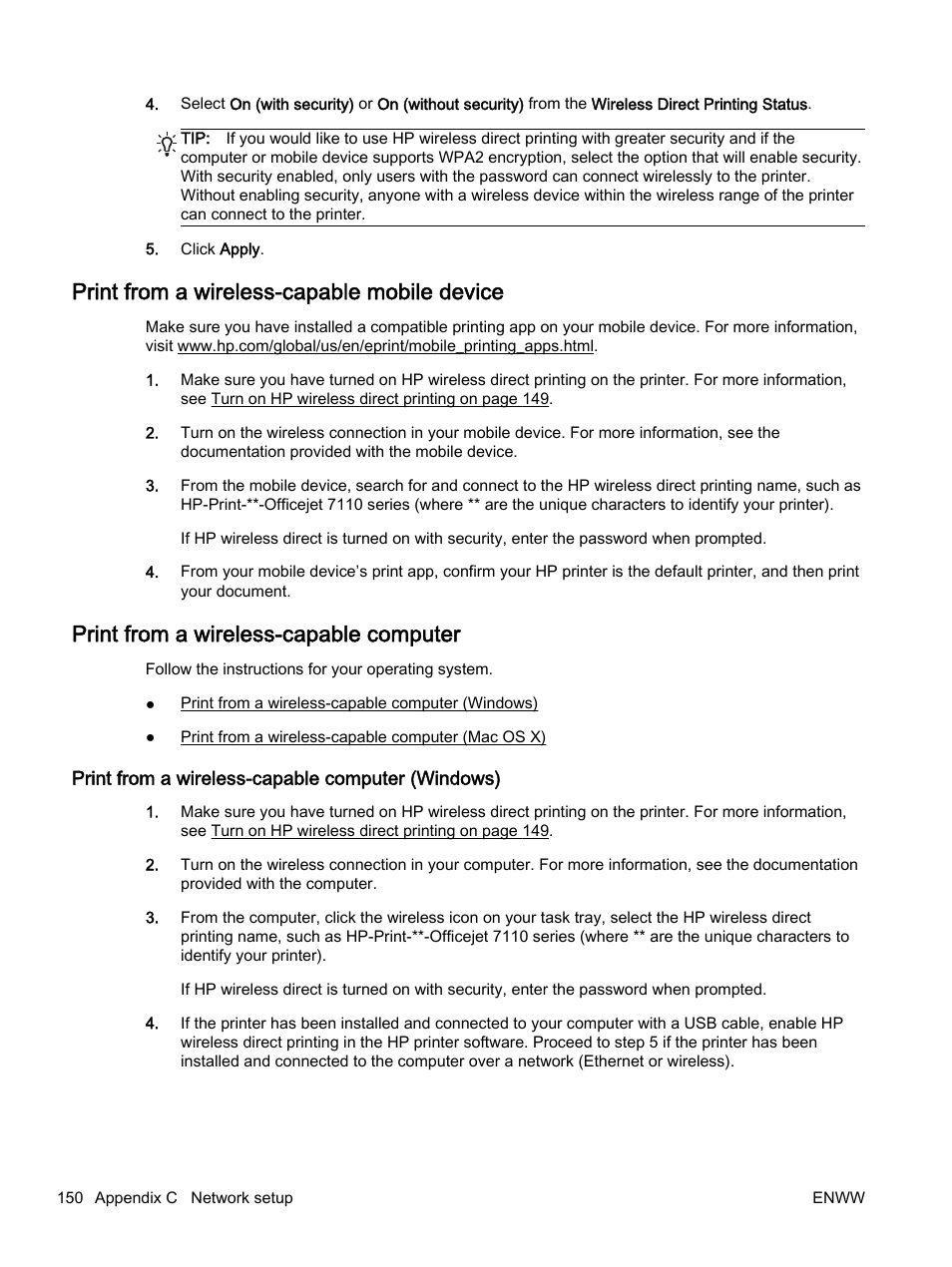 Print from a wireless-capable mobile device, Print from a wireless-capable computer, Print from a wireless-capable computer (windows) | HP Officejet 7110 Wide Format ePrinter - H812a User Manual | Page 163 / 213