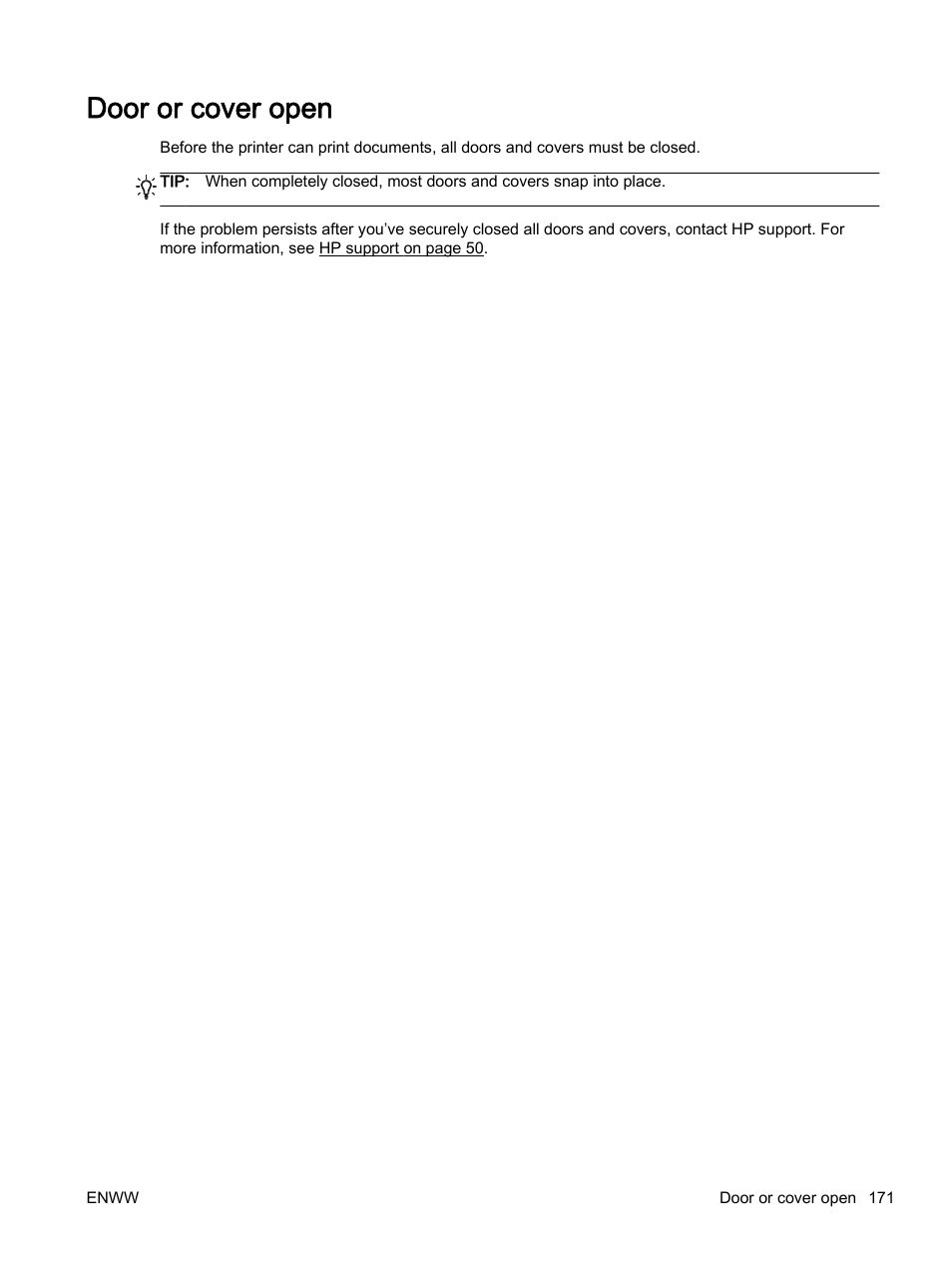 Door or cover open | HP Officejet 7110 Wide Format ePrinter - H812a User Manual | Page 184 / 213