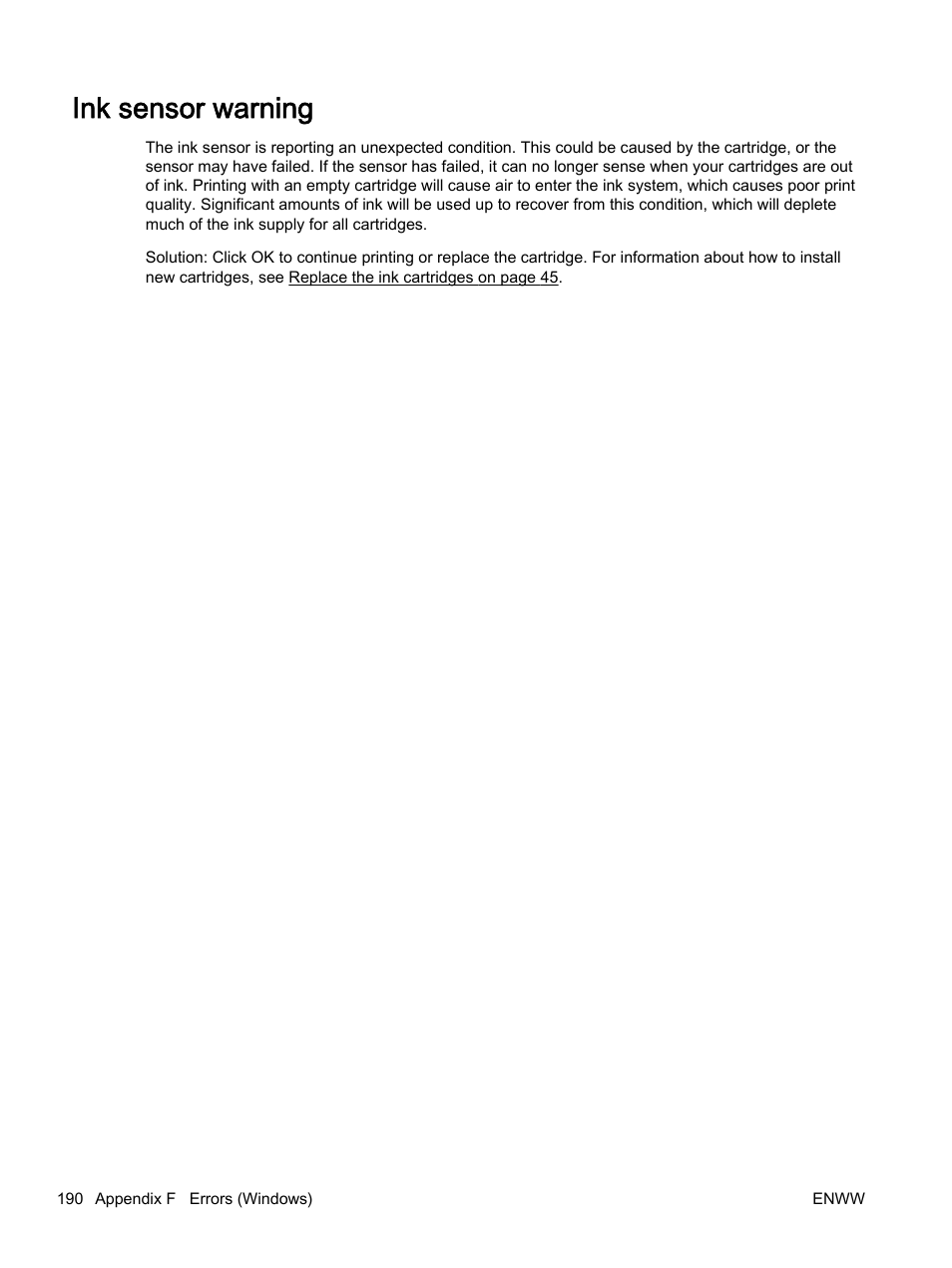 Ink sensor warning | HP Officejet 7110 Wide Format ePrinter - H812a User Manual | Page 203 / 213