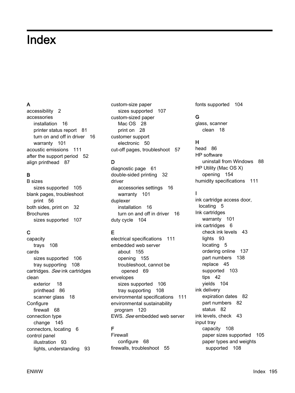 Index | HP Officejet 7110 Wide Format ePrinter - H812a User Manual | Page 208 / 213