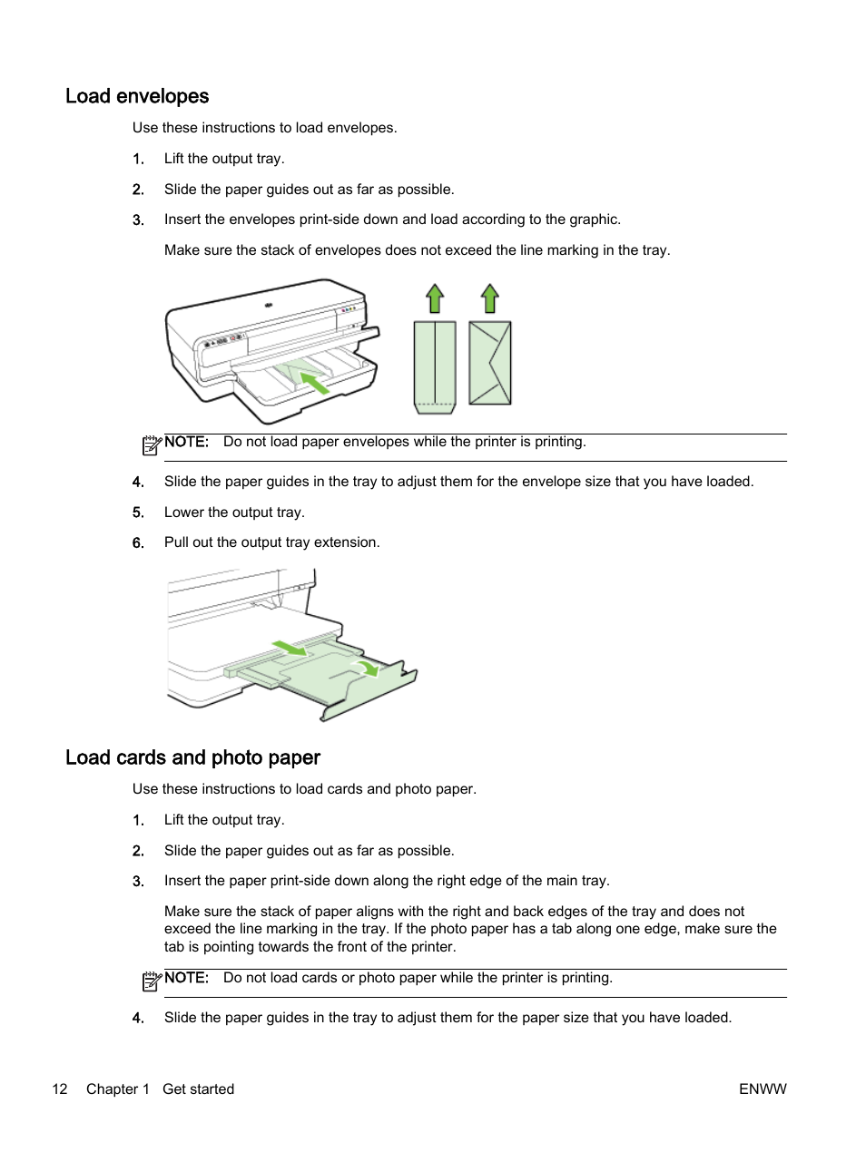 Load envelopes, Load cards and photo paper, Load envelopes load cards and photo paper | HP Officejet 7110 Wide Format ePrinter - H812a User Manual | Page 25 / 213