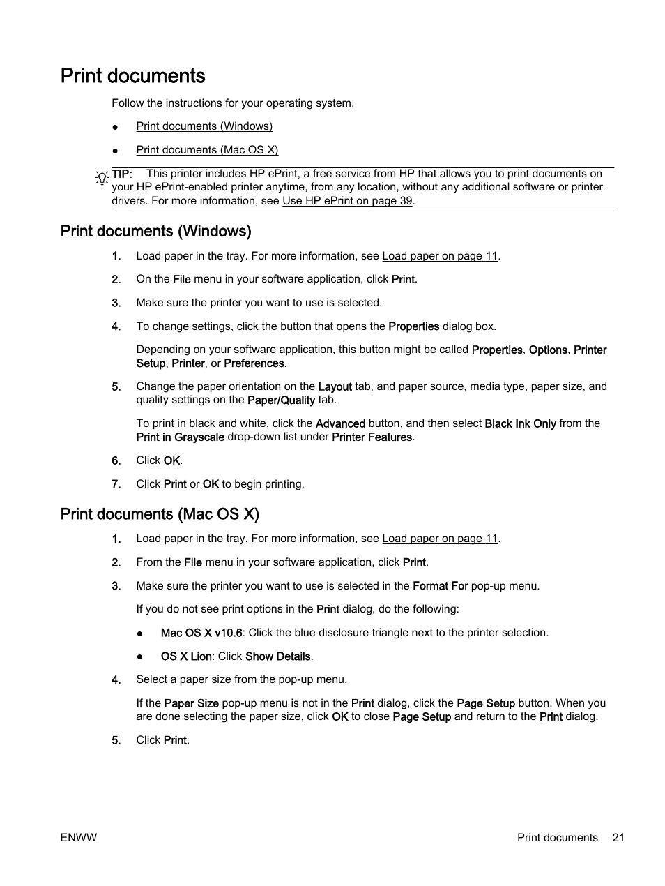 Print documents, Print documents (windows), Print documents (mac os x) | HP Officejet 7110 Wide Format ePrinter - H812a User Manual | Page 34 / 213