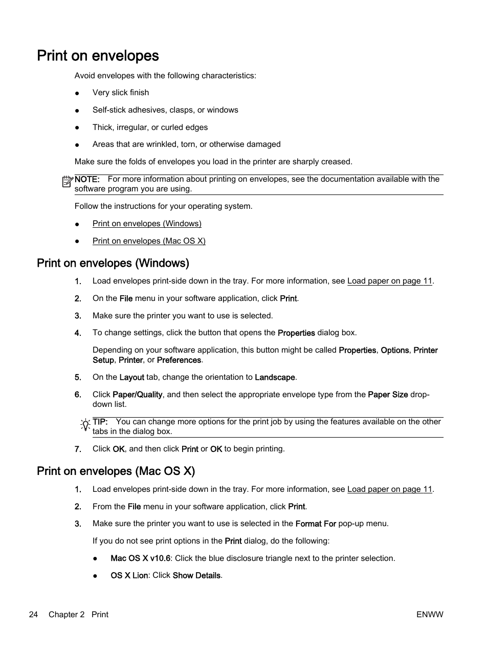 Print on envelopes, Print on envelopes (windows), Print on envelopes (mac os x) | HP Officejet 7110 Wide Format ePrinter - H812a User Manual | Page 37 / 213