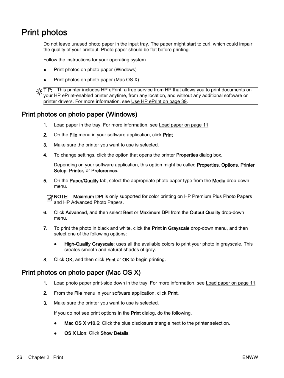 Print photos, Print photos on photo paper (windows), Print photos on photo paper (mac os x) | HP Officejet 7110 Wide Format ePrinter - H812a User Manual | Page 39 / 213