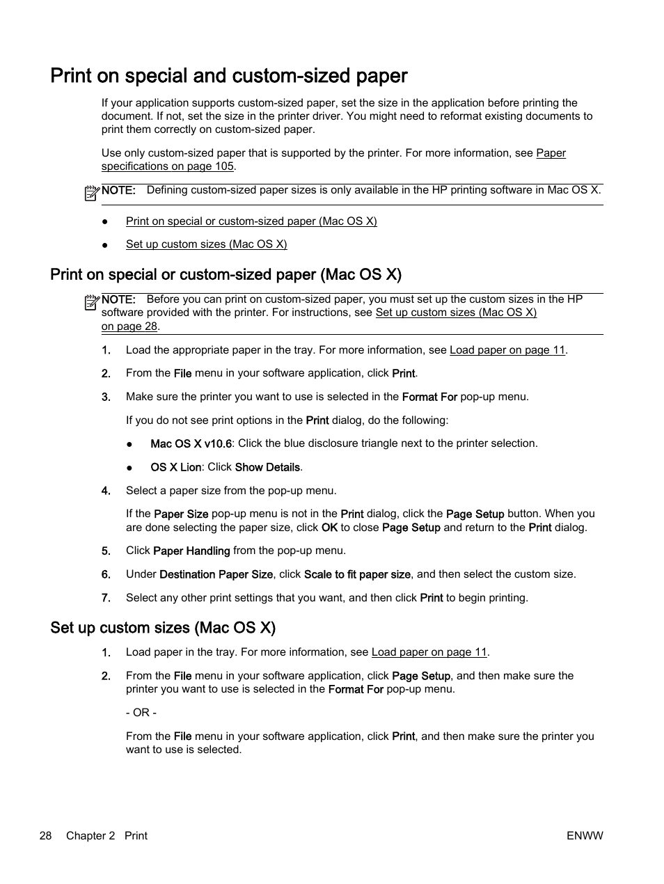 Print on special and custom-sized paper, Print on special or custom-sized paper (mac os x), Set up custom sizes (mac os x) | Print on special and custom-sized | HP Officejet 7110 Wide Format ePrinter - H812a User Manual | Page 41 / 213