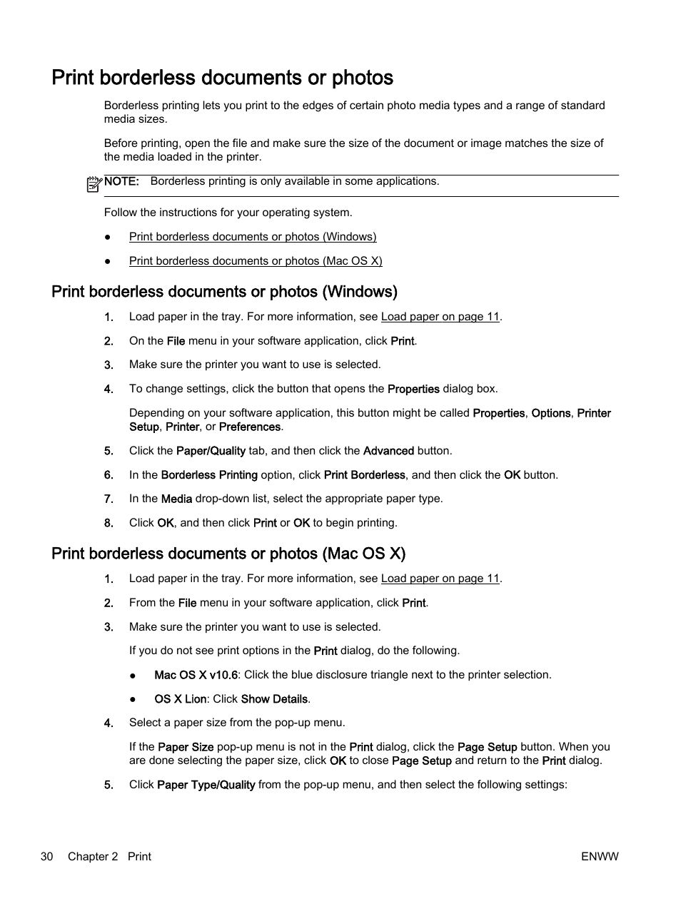 Print borderless documents or photos, Print borderless documents or photos (windows), Print borderless documents or photos (mac os x) | HP Officejet 7110 Wide Format ePrinter - H812a User Manual | Page 43 / 213