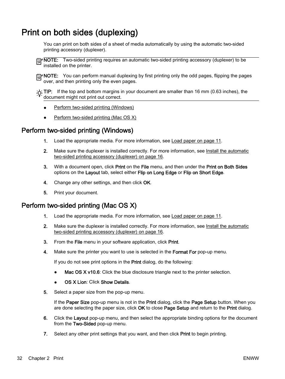 Print on both sides (duplexing), Perform two-sided printing (windows), Perform two-sided printing (mac os x) | HP Officejet 7110 Wide Format ePrinter - H812a User Manual | Page 45 / 213
