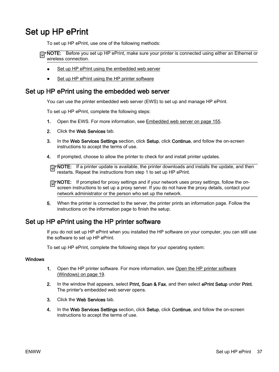 Set up hp eprint, Set up hp eprint using the embedded web server, Set up hp eprint using the hp printer software | HP Officejet 7110 Wide Format ePrinter - H812a User Manual | Page 50 / 213