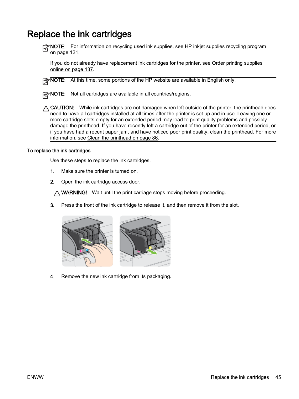 Replace the ink cartridges | HP Officejet 7110 Wide Format ePrinter - H812a User Manual | Page 58 / 213