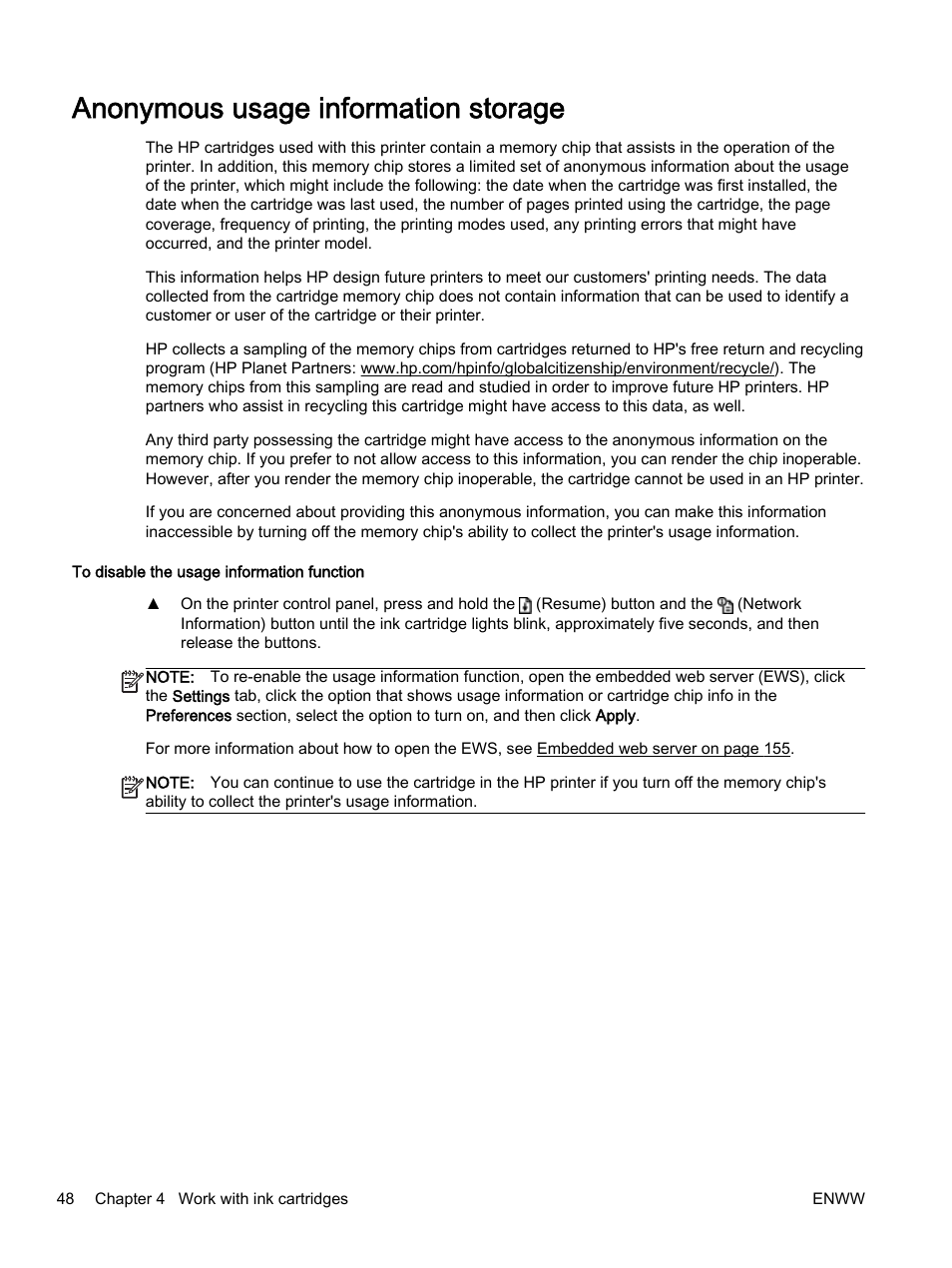 Anonymous usage information storage | HP Officejet 7110 Wide Format ePrinter - H812a User Manual | Page 61 / 213
