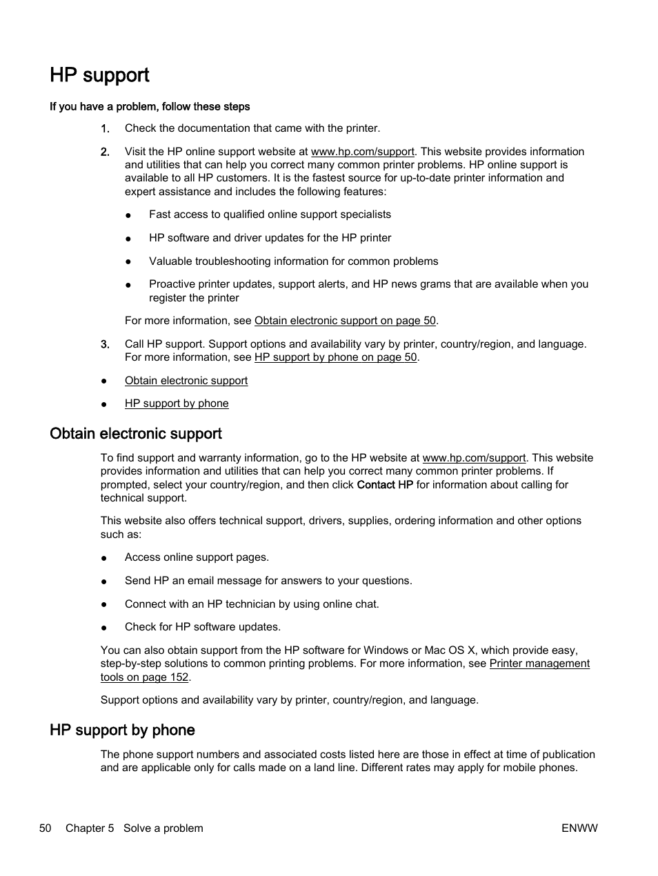 Hp support, Obtain electronic support, Hp support by phone | Obtain electronic support hp support by phone | HP Officejet 7110 Wide Format ePrinter - H812a User Manual | Page 63 / 213