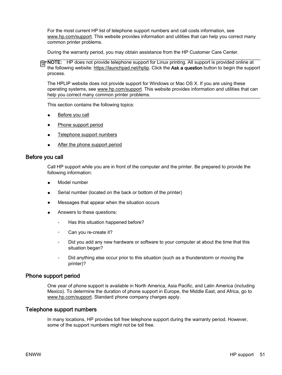 Before you call, Phone support period, Telephone support numbers | HP Officejet 7110 Wide Format ePrinter - H812a User Manual | Page 64 / 213