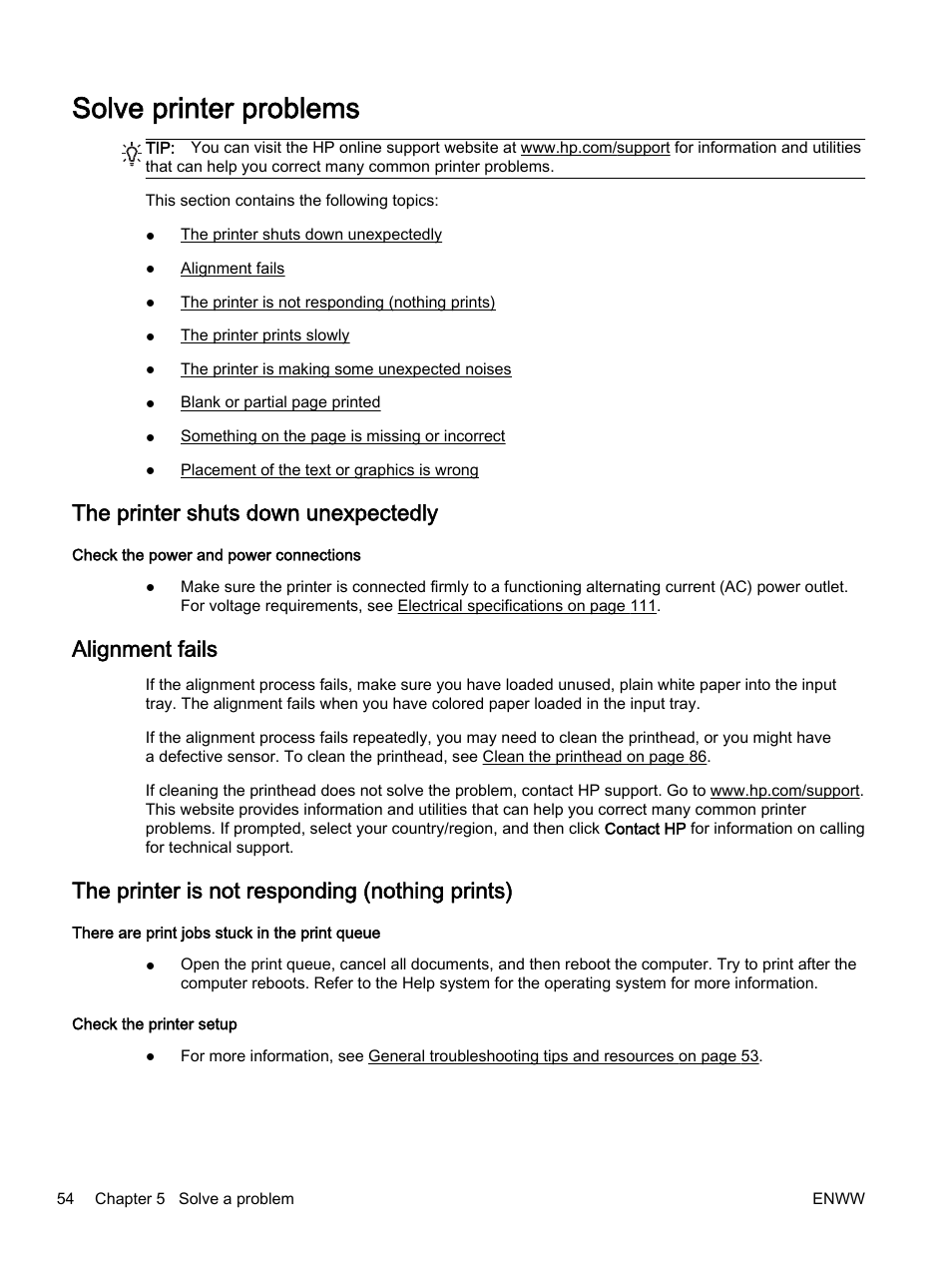 Solve printer problems, The printer shuts down unexpectedly, Alignment fails | The printer is not responding (nothing prints) | HP Officejet 7110 Wide Format ePrinter - H812a User Manual | Page 67 / 213