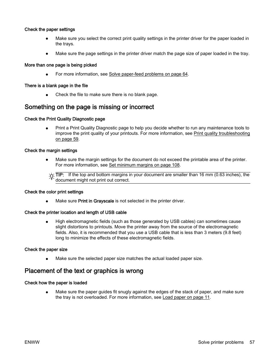 Placement of the text or graphics is wrong, Something on the page is missing or incorrect | HP Officejet 7110 Wide Format ePrinter - H812a User Manual | Page 70 / 213
