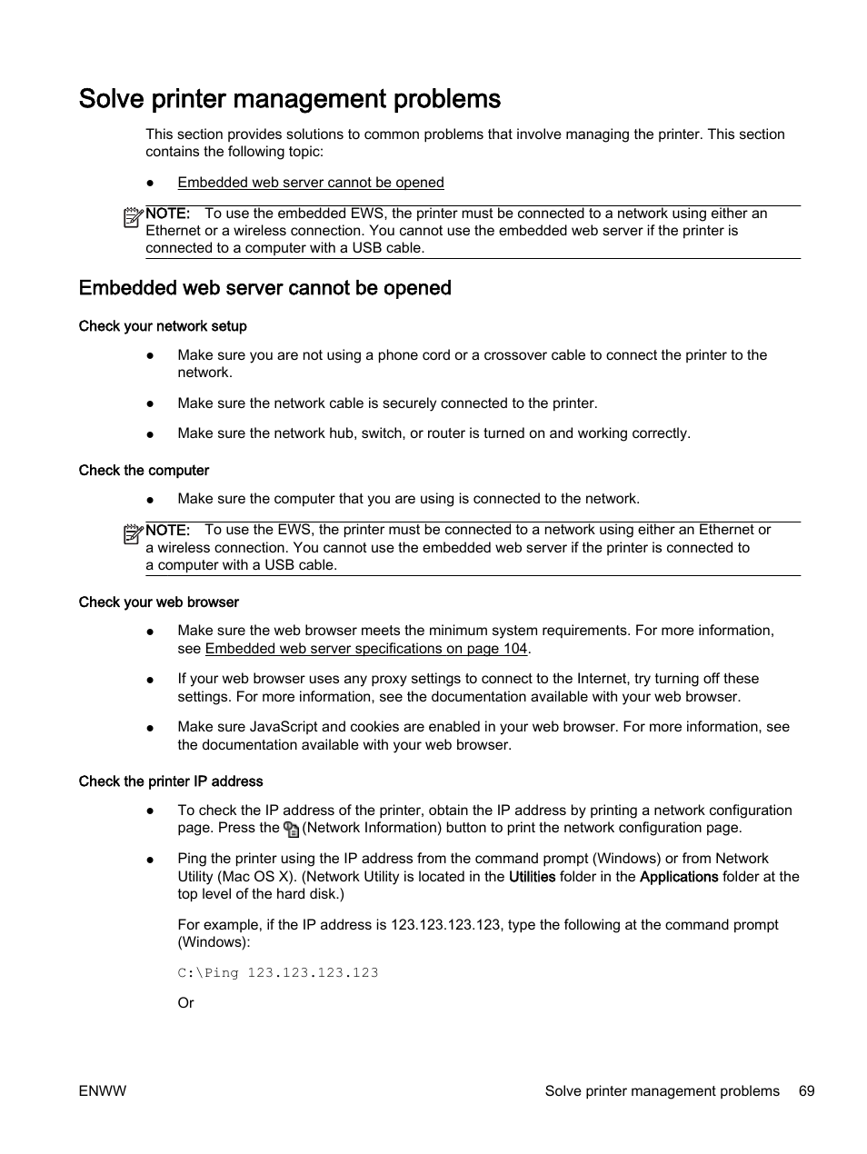 Solve printer management problems, Embedded web server cannot be opened | HP Officejet 7110 Wide Format ePrinter - H812a User Manual | Page 82 / 213