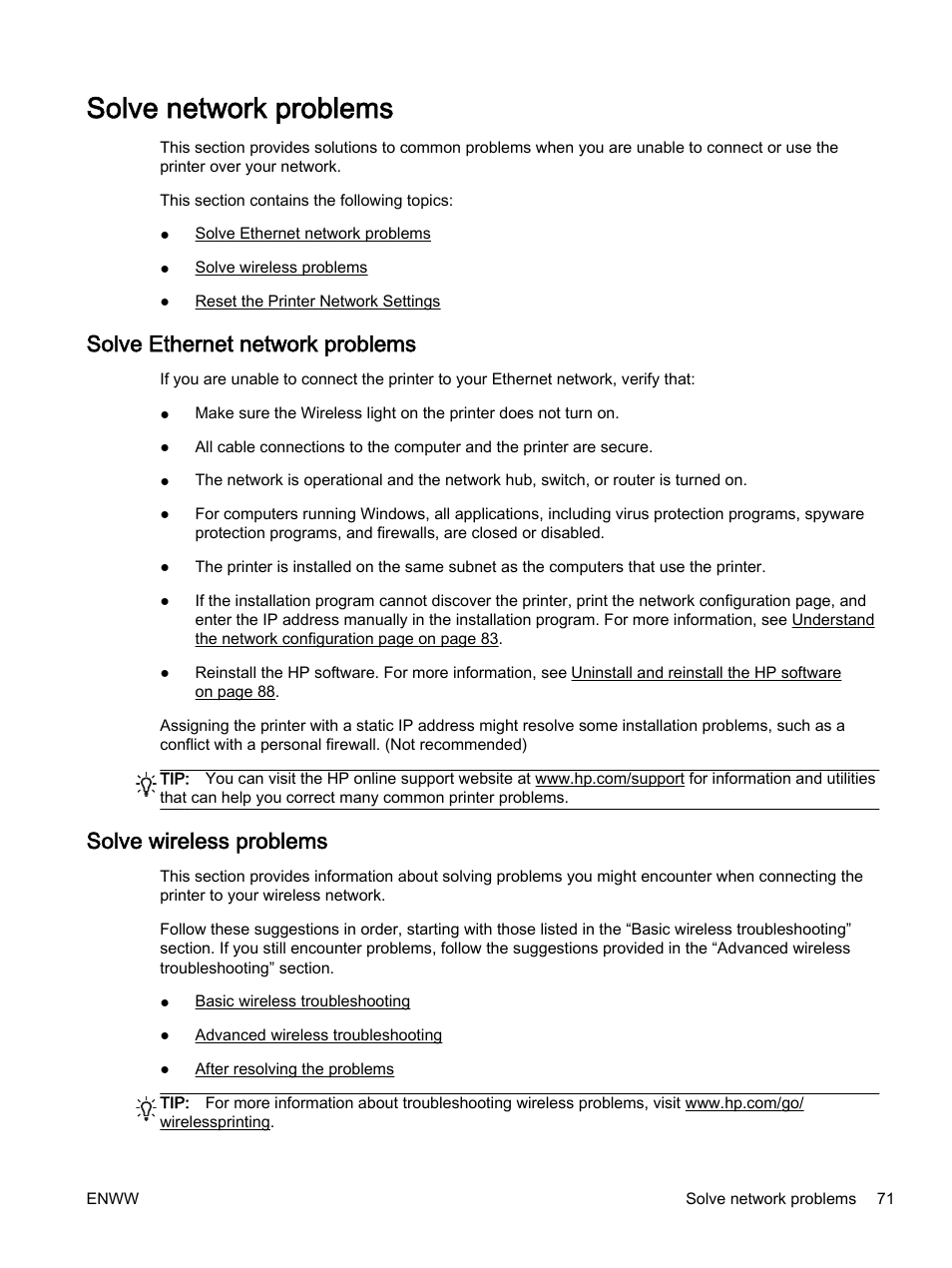 Solve network problems, Solve ethernet network problems, Solve wireless problems | Solve ethernet | HP Officejet 7110 Wide Format ePrinter - H812a User Manual | Page 84 / 213