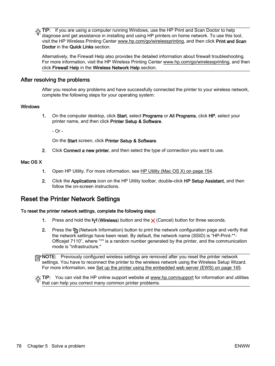 After resolving the problems, Reset the printer network settings | HP Officejet 7110 Wide Format ePrinter - H812a User Manual | Page 91 / 213