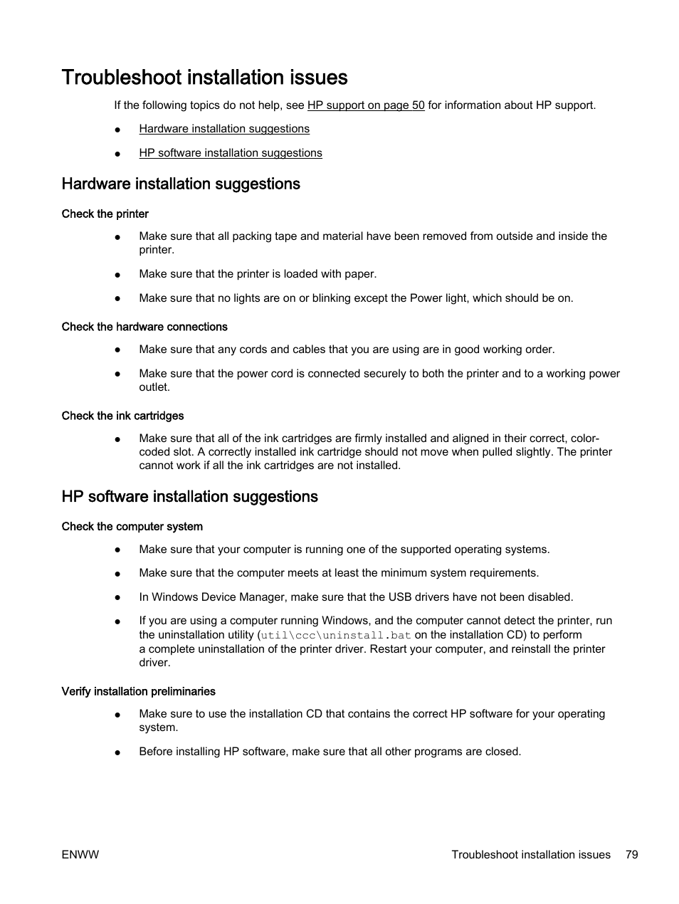 Troubleshoot installation issues, Hardware installation suggestions, Hp software installation suggestions | HP Officejet 7110 Wide Format ePrinter - H812a User Manual | Page 92 / 213