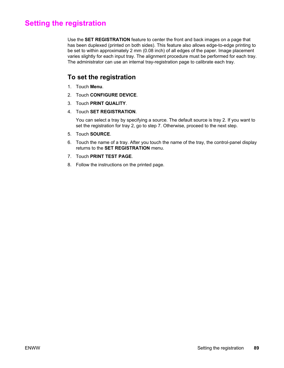 Setting the registration, To set the registration | HP LaserJet 4345 Multifunction Printer series User Manual | Page 103 / 324