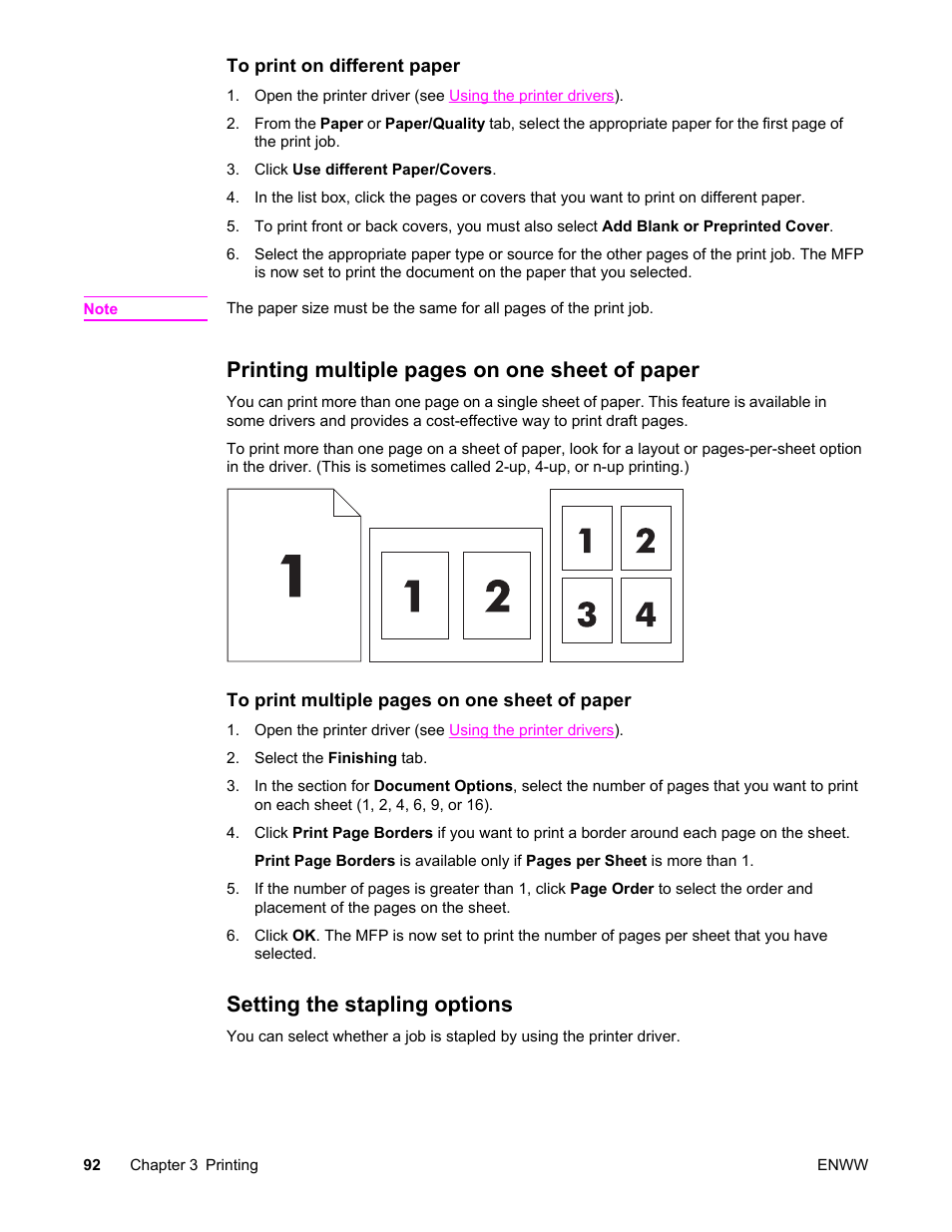 Setting the stapling options, Printing multiple pages on one sheet of paper | HP LaserJet 4345 Multifunction Printer series User Manual | Page 106 / 324