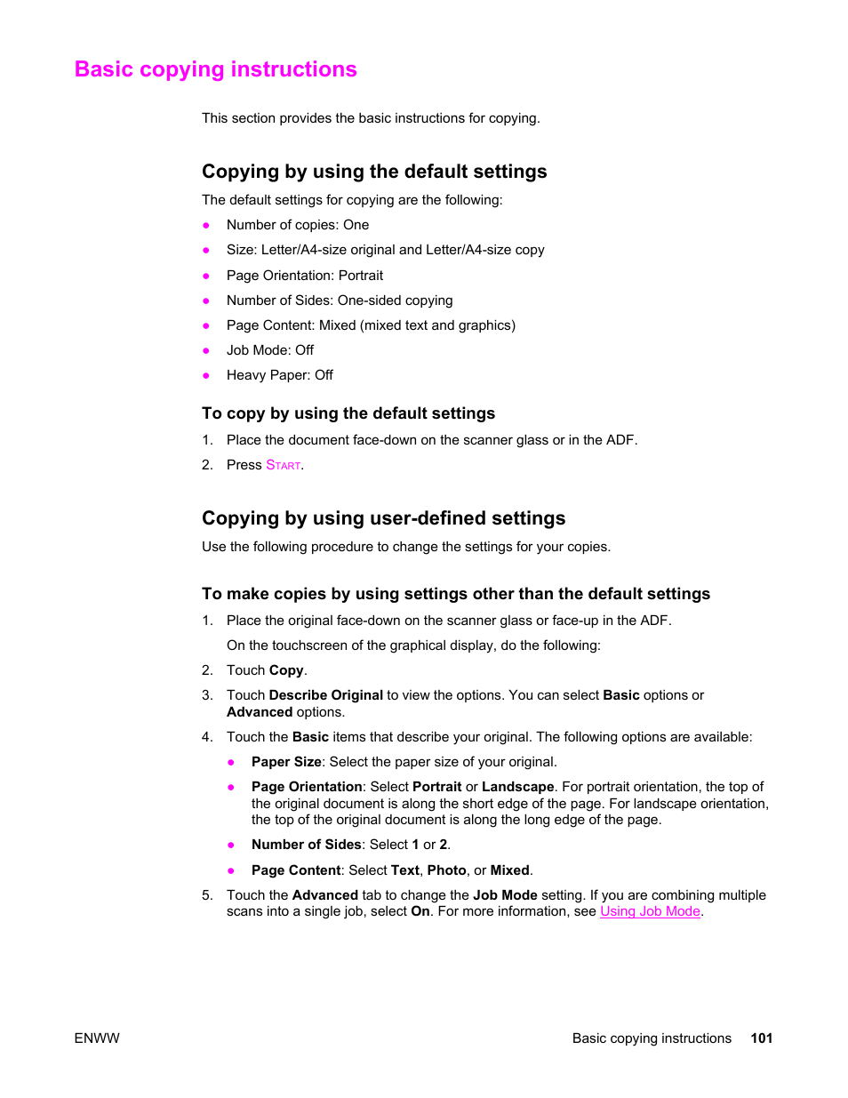 Basic copying instructions, Copying by using the default settings, Copying by using user-defined settings | HP LaserJet 4345 Multifunction Printer series User Manual | Page 115 / 324