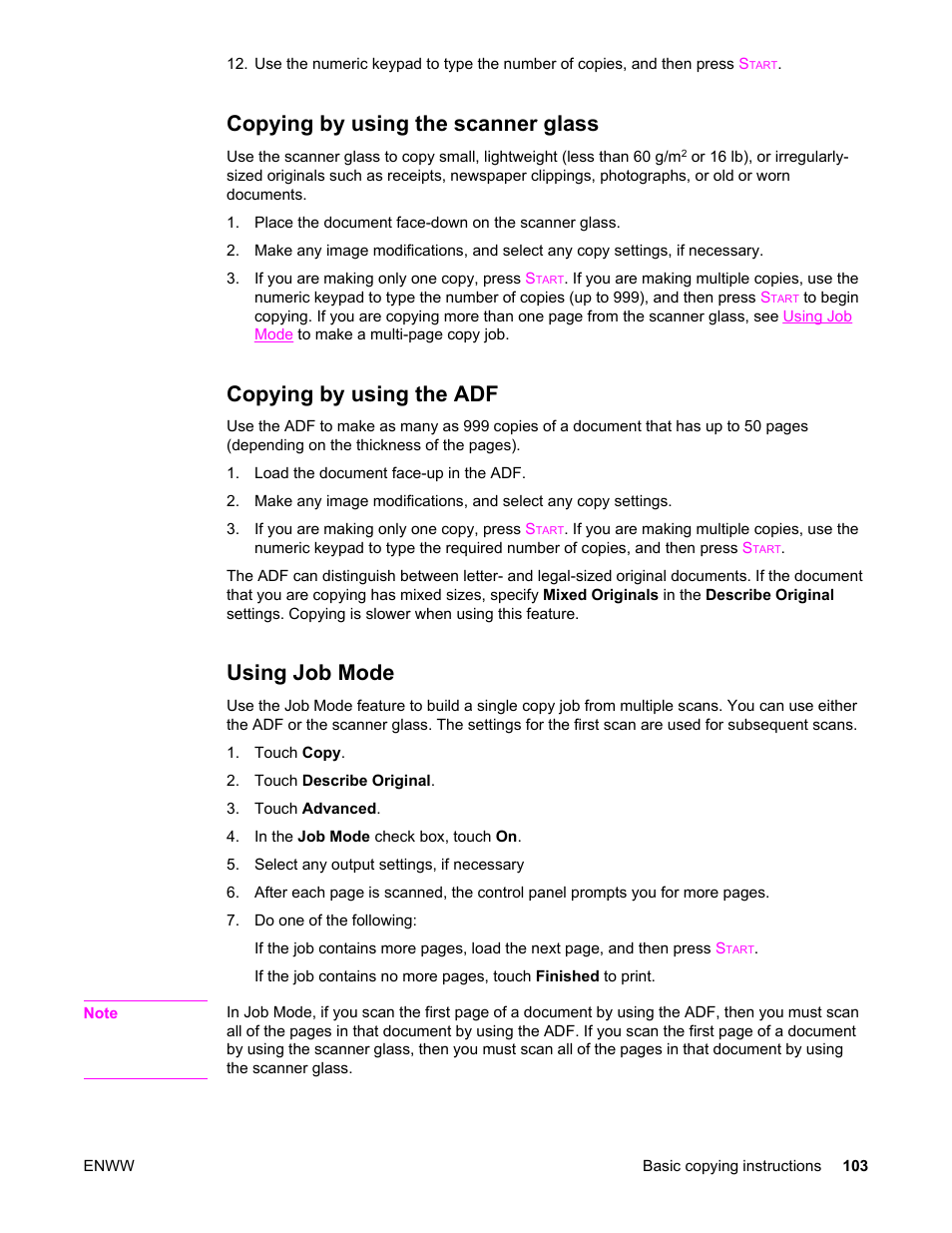 Copying by using the scanner glass, Copying by using the adf, Using job mode | HP LaserJet 4345 Multifunction Printer series User Manual | Page 117 / 324