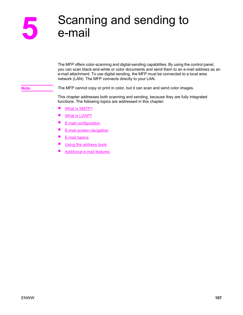 Scanning and sending to e‑mail, 5 scanning and sending to e-mail, Scanning and sending to e-mail | HP LaserJet 4345 Multifunction Printer series User Manual | Page 121 / 324