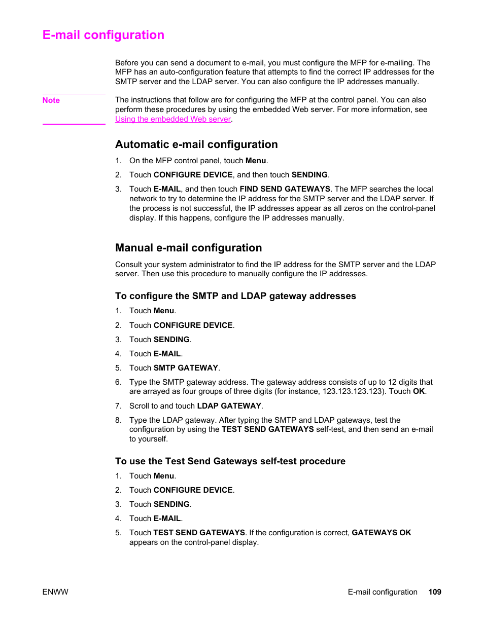 E‑mail configuration, Automatic e‑mail configuration, Manual e-mail configuration | E-mail configuration, Automatic e-mail configuration | HP LaserJet 4345 Multifunction Printer series User Manual | Page 123 / 324
