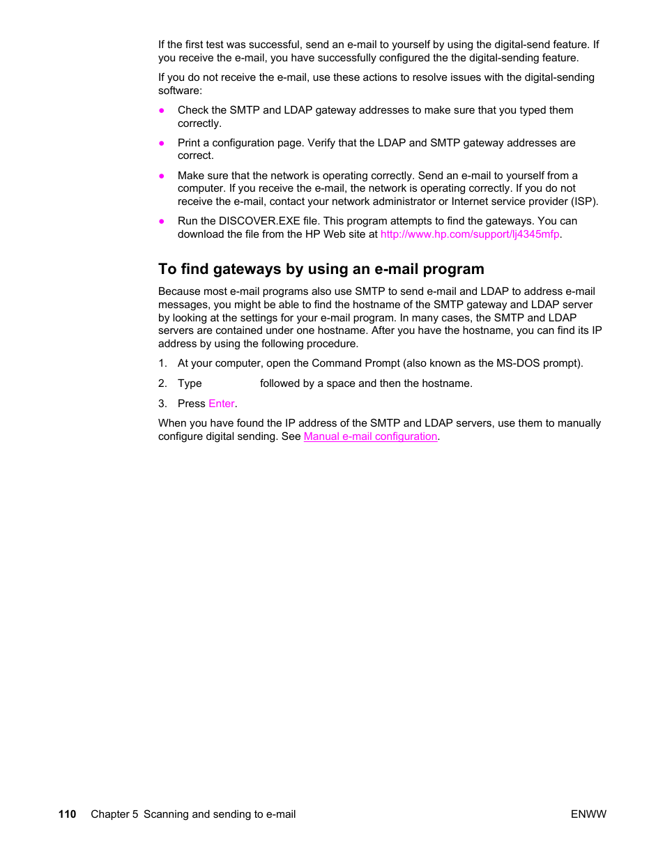 To find gateways by using an e‑mail program, To find gateways by using an e-mail program | HP LaserJet 4345 Multifunction Printer series User Manual | Page 124 / 324