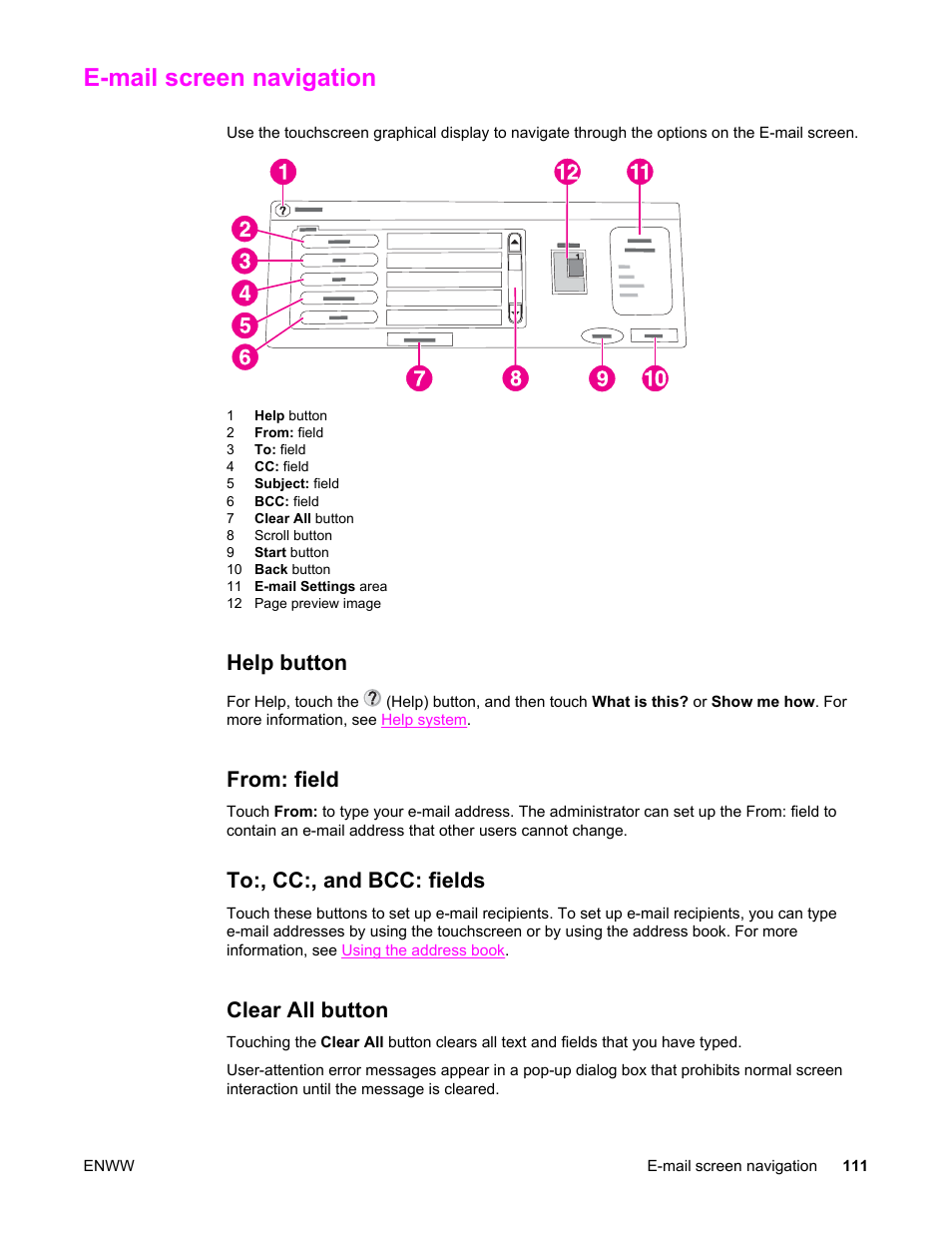 E‑mail screen navigation, Help button, From: field | To:, cc:, and bcc: fields, Clear all button, E-mail screen navigation | HP LaserJet 4345 Multifunction Printer series User Manual | Page 125 / 324