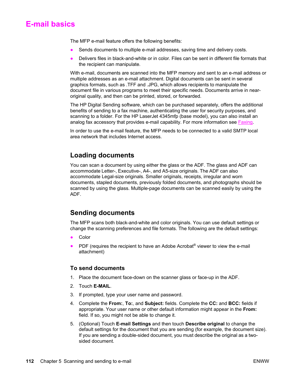 E‑mail basics, Loading documents, Sending documents | E-mail basics, Loading documents sending documents | HP LaserJet 4345 Multifunction Printer series User Manual | Page 126 / 324