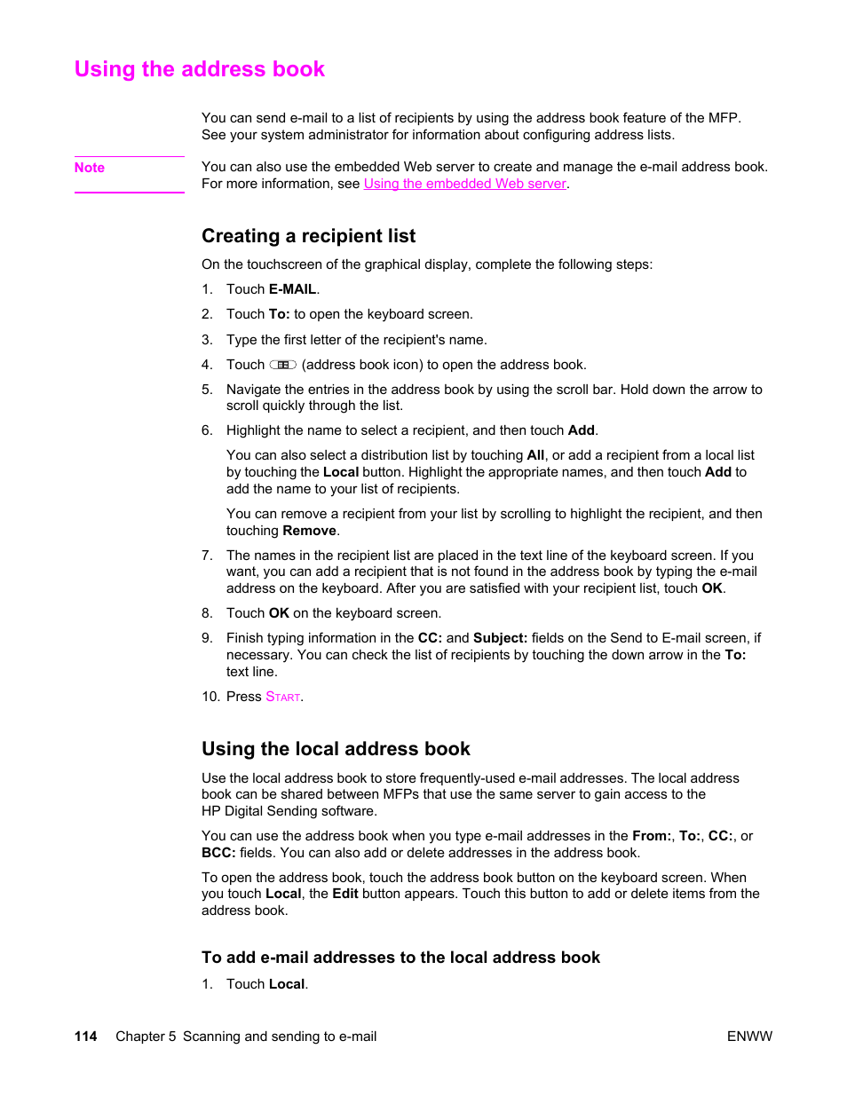 Using the address book, Creating a recipient list, Using the local address book | Information, see | HP LaserJet 4345 Multifunction Printer series User Manual | Page 128 / 324