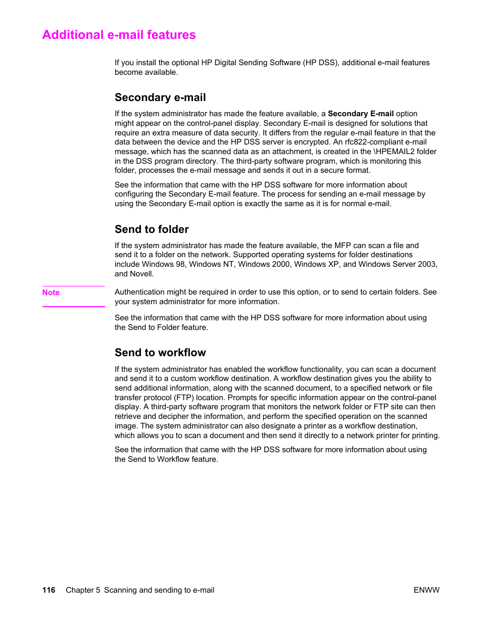 Additional e‑mail features, Secondary e‑mail, Send to folder | Send to workflow, Additional e-mail features, Secondary e-mail send to folder send to workflow, Secondary e-mail | HP LaserJet 4345 Multifunction Printer series User Manual | Page 130 / 324