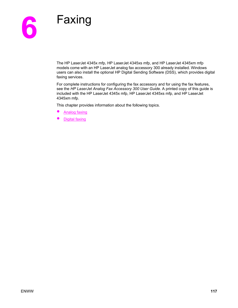 Faxing, 6 faxing | HP LaserJet 4345 Multifunction Printer series User Manual | Page 131 / 324