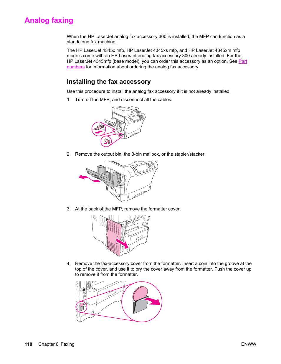 Analog faxing, Installing the fax accessory | HP LaserJet 4345 Multifunction Printer series User Manual | Page 132 / 324