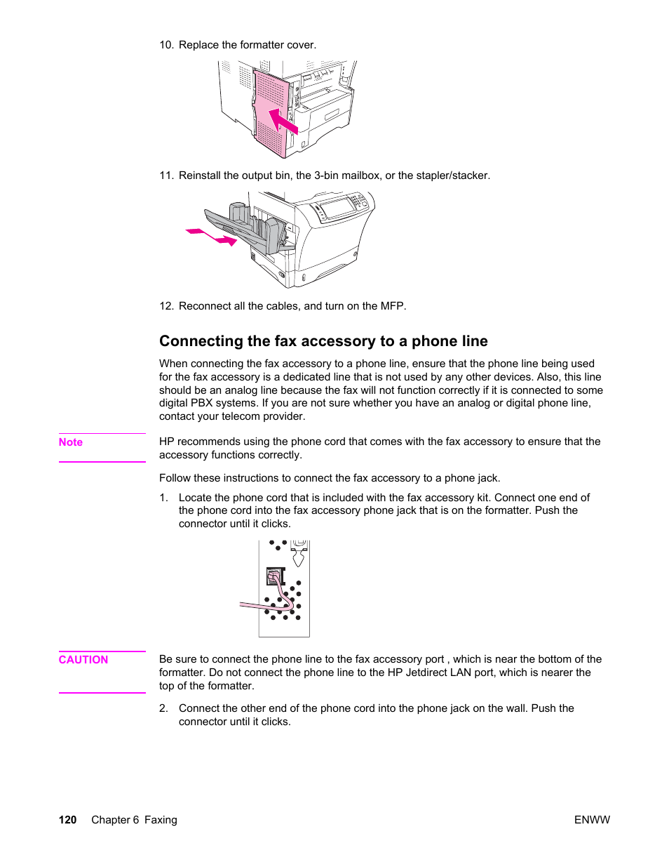 Connecting the fax accessory to a phone line | HP LaserJet 4345 Multifunction Printer series User Manual | Page 134 / 324