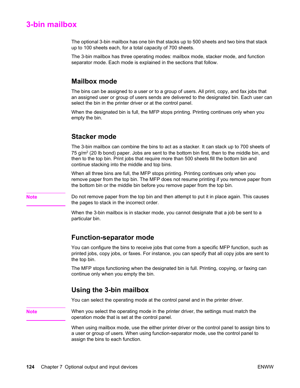 3‑bin mailbox, Mailbox mode, Stacker mode | Function-separator mode, Using the 3‑bin mailbox, Bin mailbox, Using the 3-bin mailbox | HP LaserJet 4345 Multifunction Printer series User Manual | Page 138 / 324