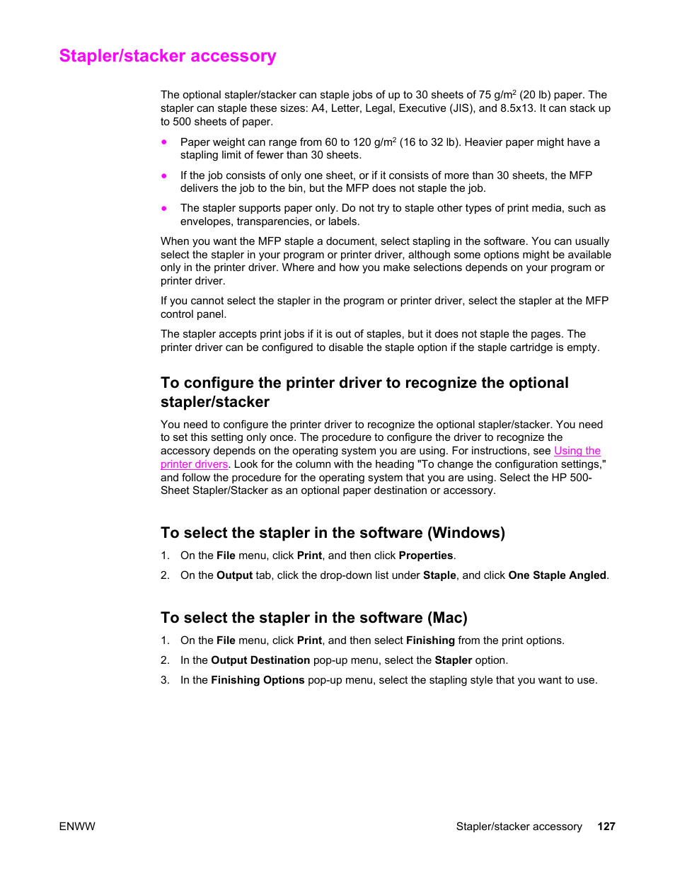 Stapler/stacker accessory, To select the stapler in the software (windows), To select the stapler in the software (mac) | HP LaserJet 4345 Multifunction Printer series User Manual | Page 141 / 324