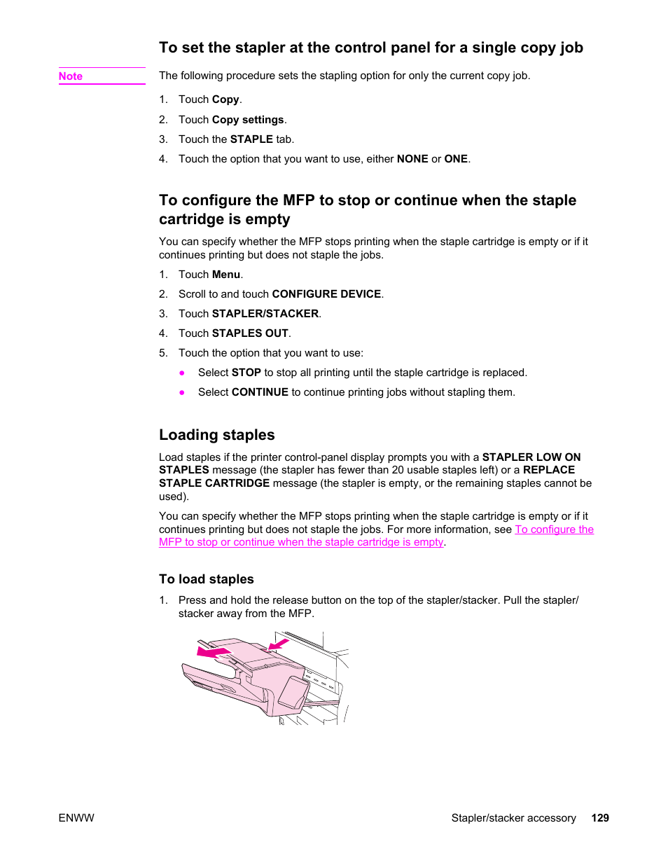 Loading staples | HP LaserJet 4345 Multifunction Printer series User Manual | Page 143 / 324