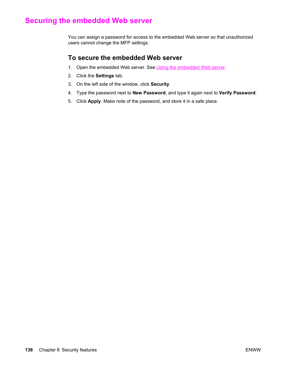 Securing the embedded web server, To secure the embedded web server | HP LaserJet 4345 Multifunction Printer series User Manual | Page 152 / 324