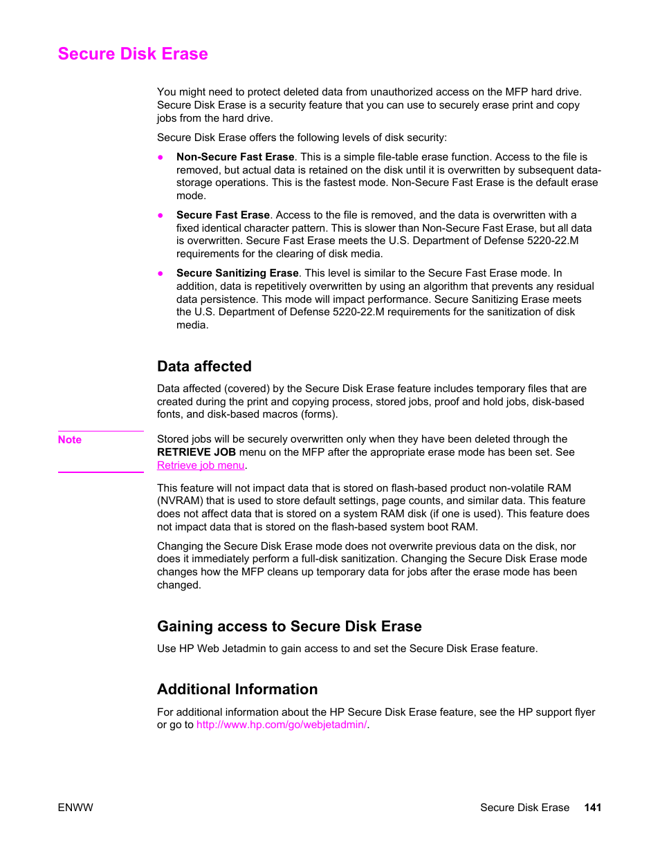 Secure disk erase, Data affected, Gaining access to secure disk erase | Additional information | HP LaserJet 4345 Multifunction Printer series User Manual | Page 155 / 324