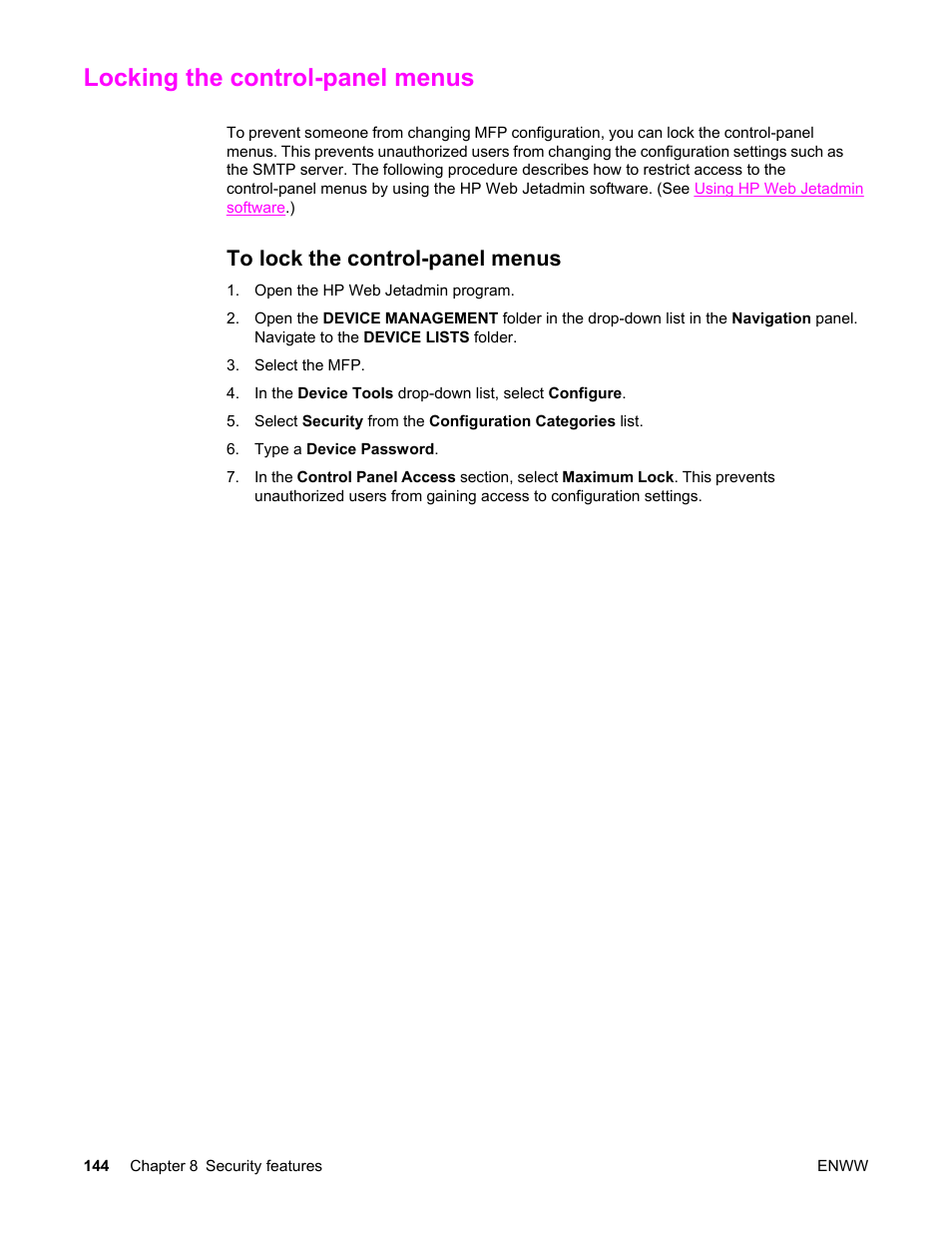 Locking the control‑panel menus, To lock the control‑panel menus, Locking the control-panel menus | To lock the control-panel menus | HP LaserJet 4345 Multifunction Printer series User Manual | Page 158 / 324