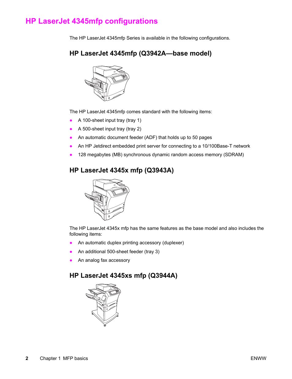 Hp laserjet 4345mfp configurations, Hp laserjet 4345mfp (q3942a—base model), Hp laserjet 4345x mfp (q3943a) | Hp laserjet 4345xs mfp (q3944a) | HP LaserJet 4345 Multifunction Printer series User Manual | Page 16 / 324