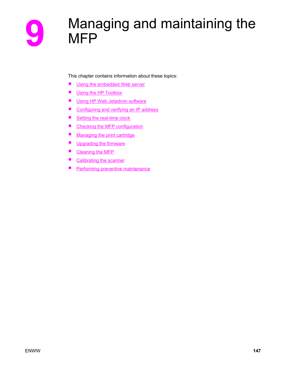 Managing and maintaining the mfp, 9 managing and maintaining the mfp | HP LaserJet 4345 Multifunction Printer series User Manual | Page 161 / 324