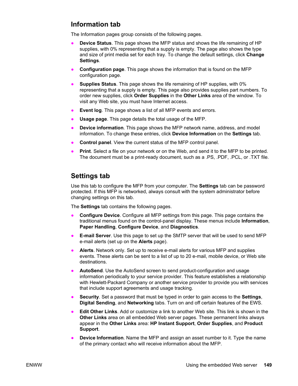 Information tab, Settings tab, Information tab settings tab | HP LaserJet 4345 Multifunction Printer series User Manual | Page 163 / 324