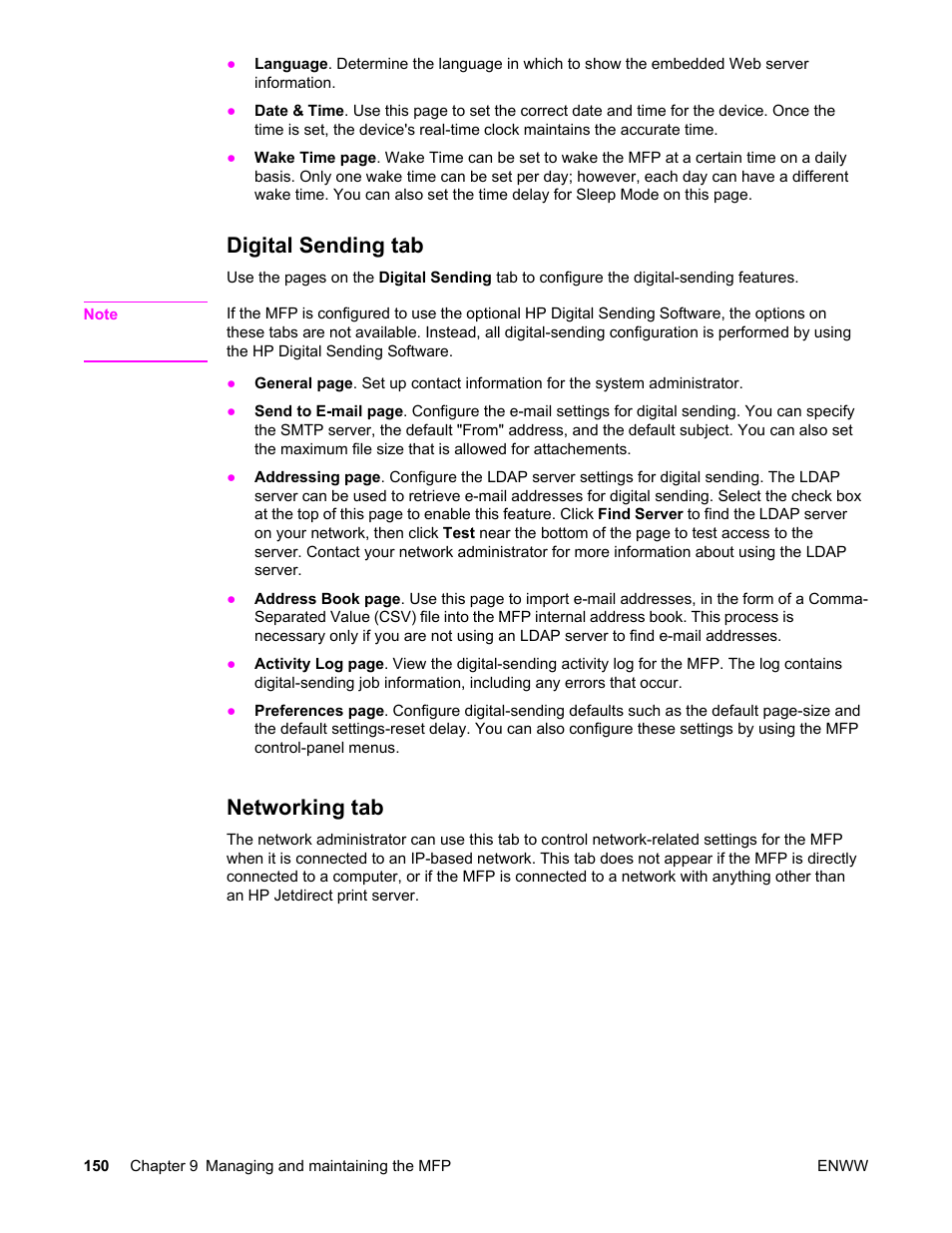 Digital sending tab, Networking tab, Digital sending tab networking tab | HP LaserJet 4345 Multifunction Printer series User Manual | Page 164 / 324