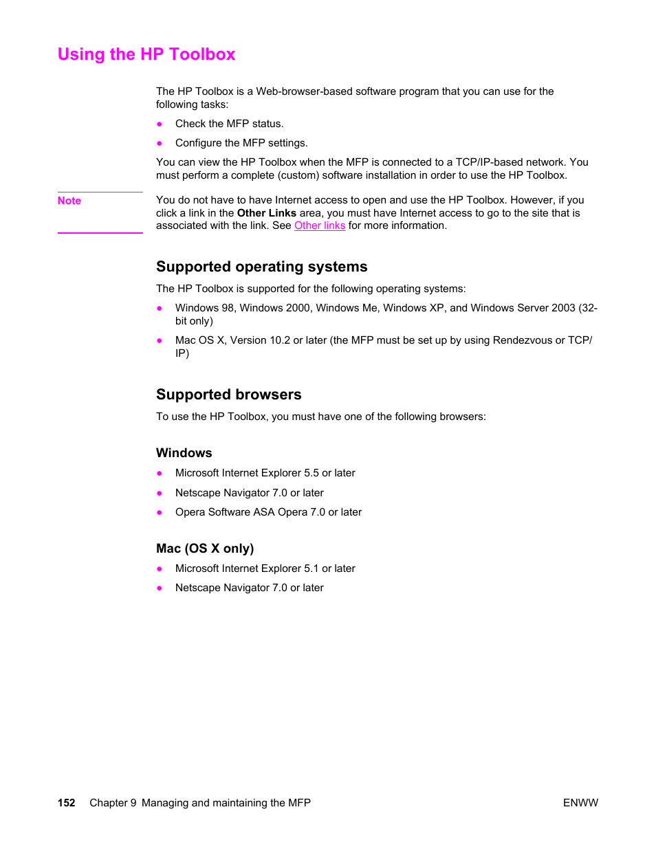 Using the hp toolbox, Supported operating systems, Supported browsers | Supported operating systems supported browsers | HP LaserJet 4345 Multifunction Printer series User Manual | Page 166 / 324