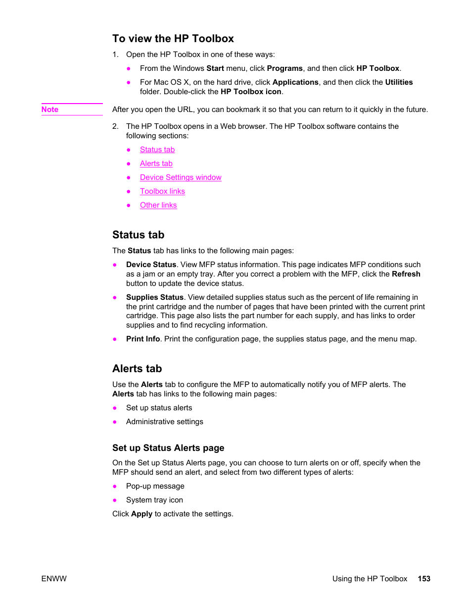 To view the hp toolbox, Status tab, Alerts tab | To view the hp toolbox status tab alerts tab | HP LaserJet 4345 Multifunction Printer series User Manual | Page 167 / 324