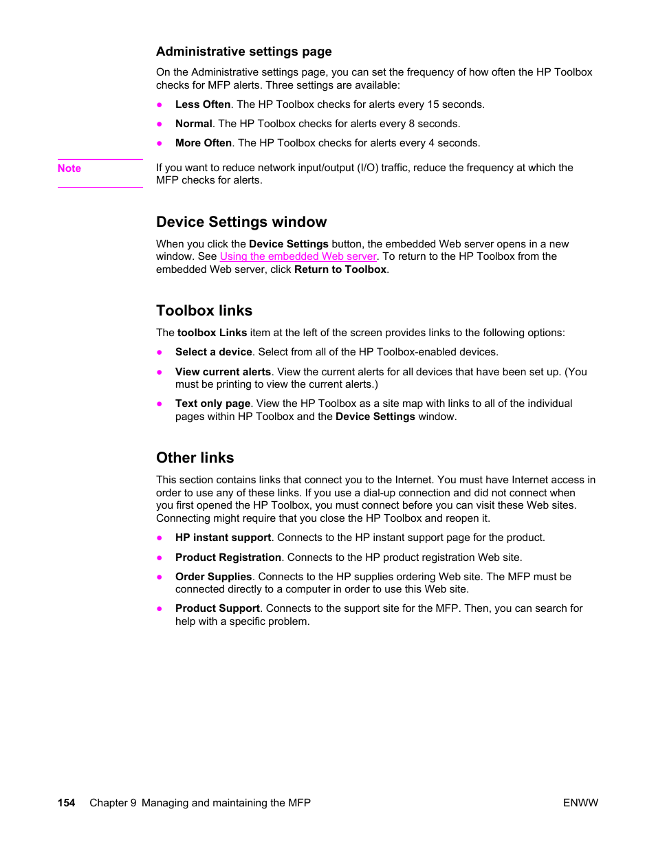 Device settings window, Toolbox links, Other links | Device settings window toolbox links other links | HP LaserJet 4345 Multifunction Printer series User Manual | Page 168 / 324