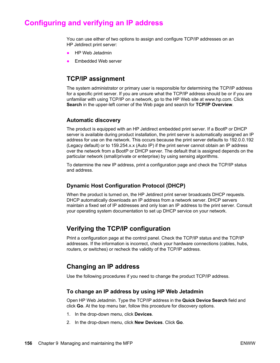 Configuring and verifying an ip address, Tcp/ip assignment, Verifying the tcp/ip configuration | Changing an ip address | HP LaserJet 4345 Multifunction Printer series User Manual | Page 170 / 324